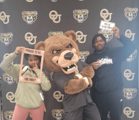 Oakland first-gen week two students with bear mascot