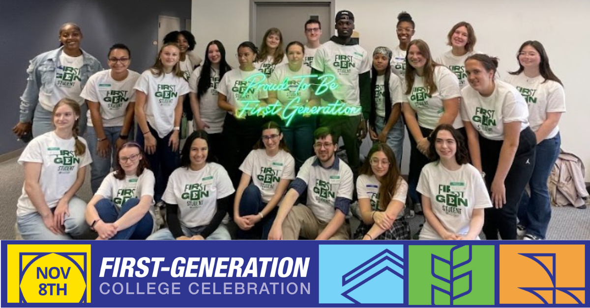 Eastern Michigan University Students posing with a Proud First-Generation neon sign. 