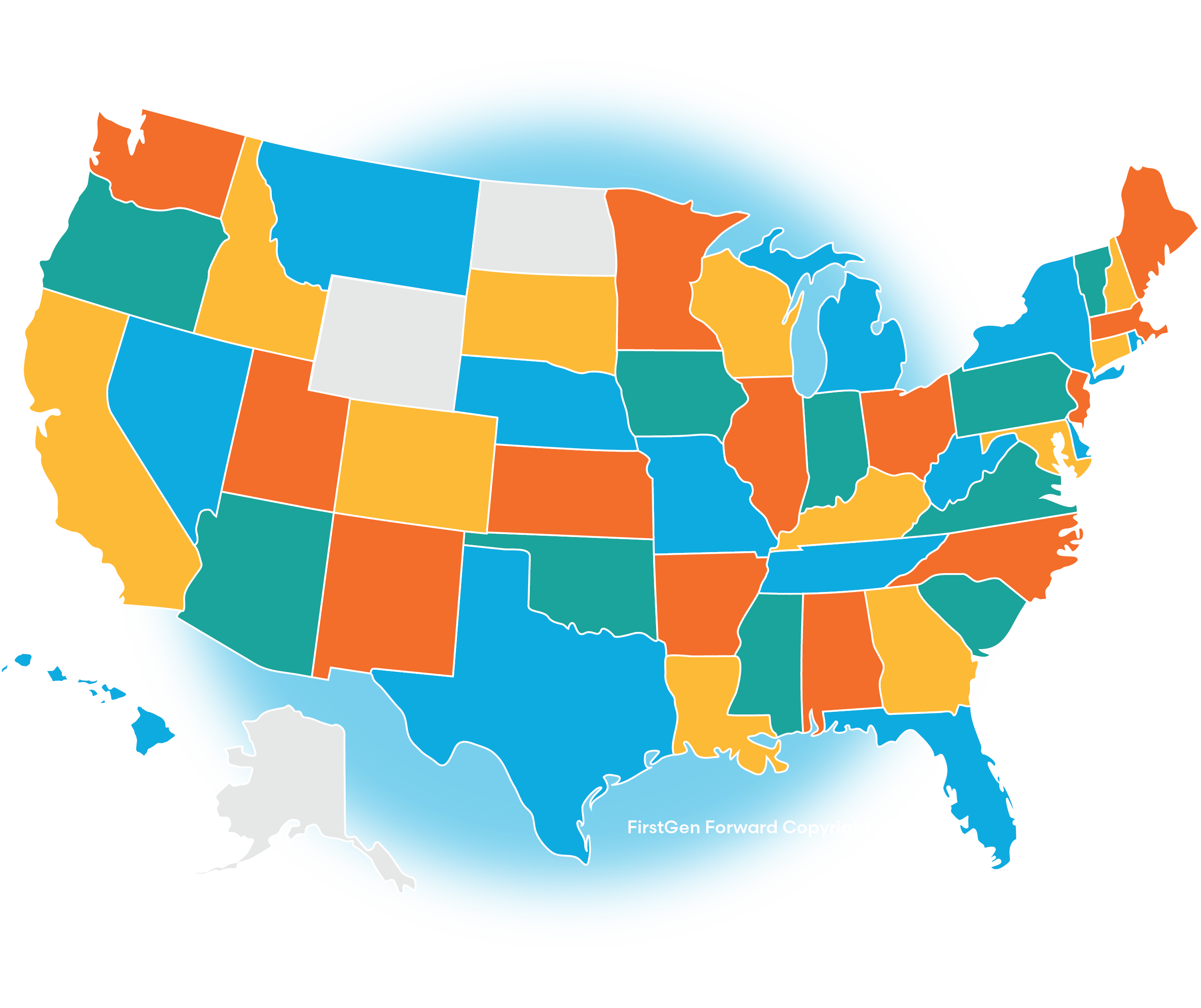 FGF Network Map of 47 states highlighted indicating state presence excluding WY, ND, AK.