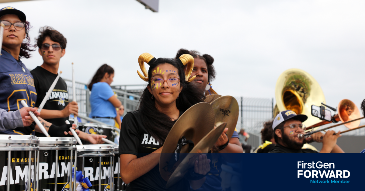 Picture of Texas Wesleyan University band students warming up before a football game,