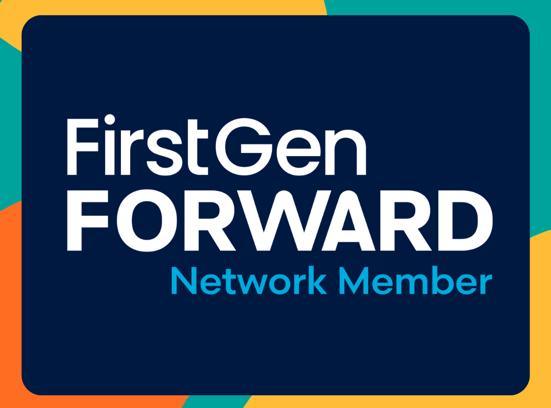 FirstGen Forward in white Network Member in blue logo with yellow, green, and orange boarder. 