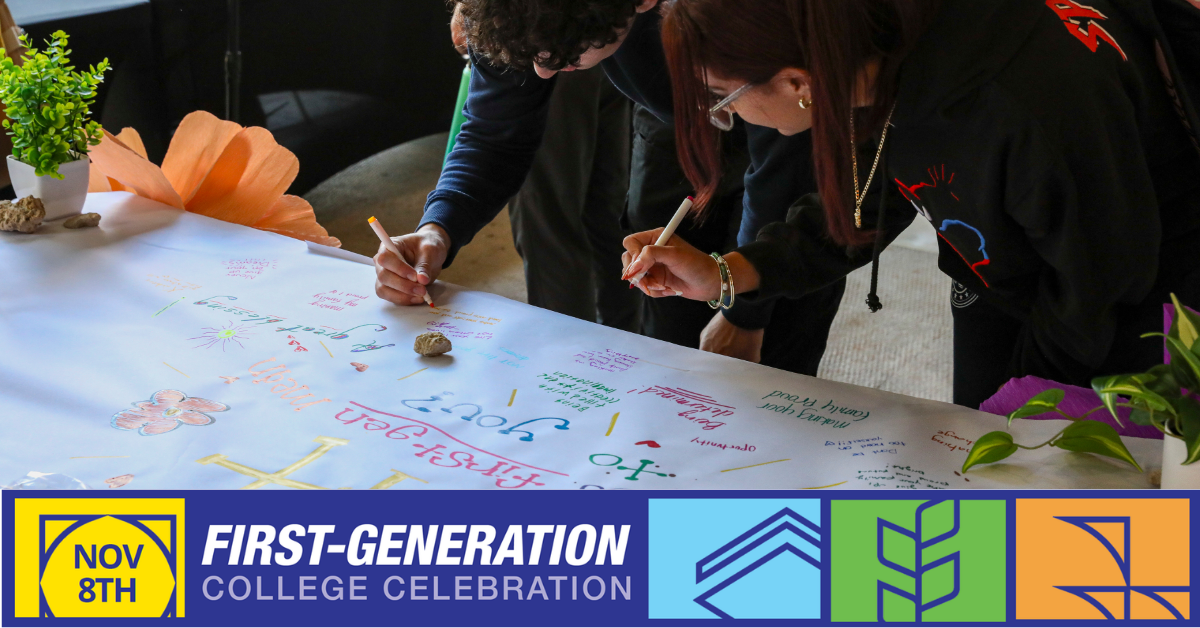 Miami Dade students writing on a banner on a table celebrating first-gen students