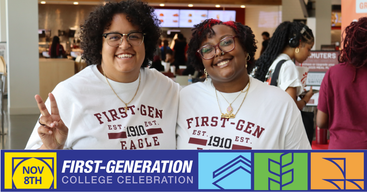 Two students wearing matching “First-Gen Eagle” T-shirts smile and pose together inside the NCCU Student Center.