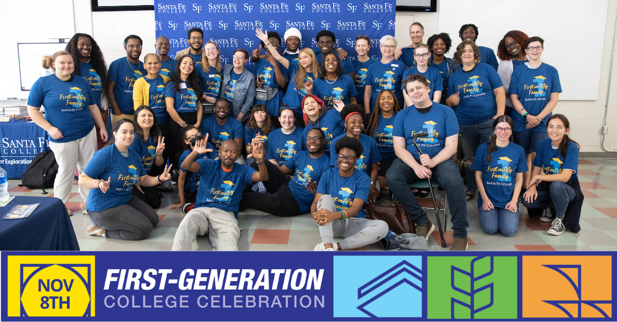 Santa Fe College FGCC large group of students posed in their blue tshirts.