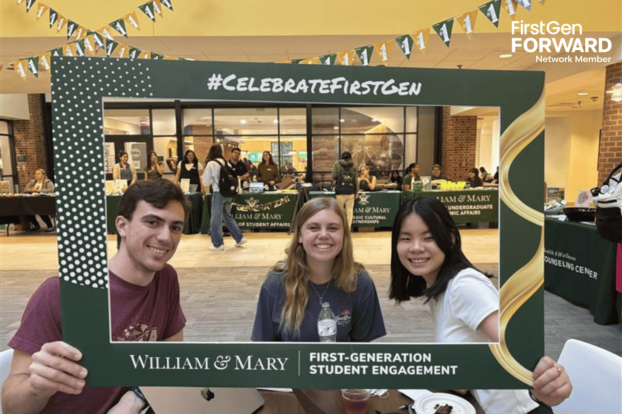 William & Mary First-Gen Celebration Week image of 3 Students with a celebration sign.